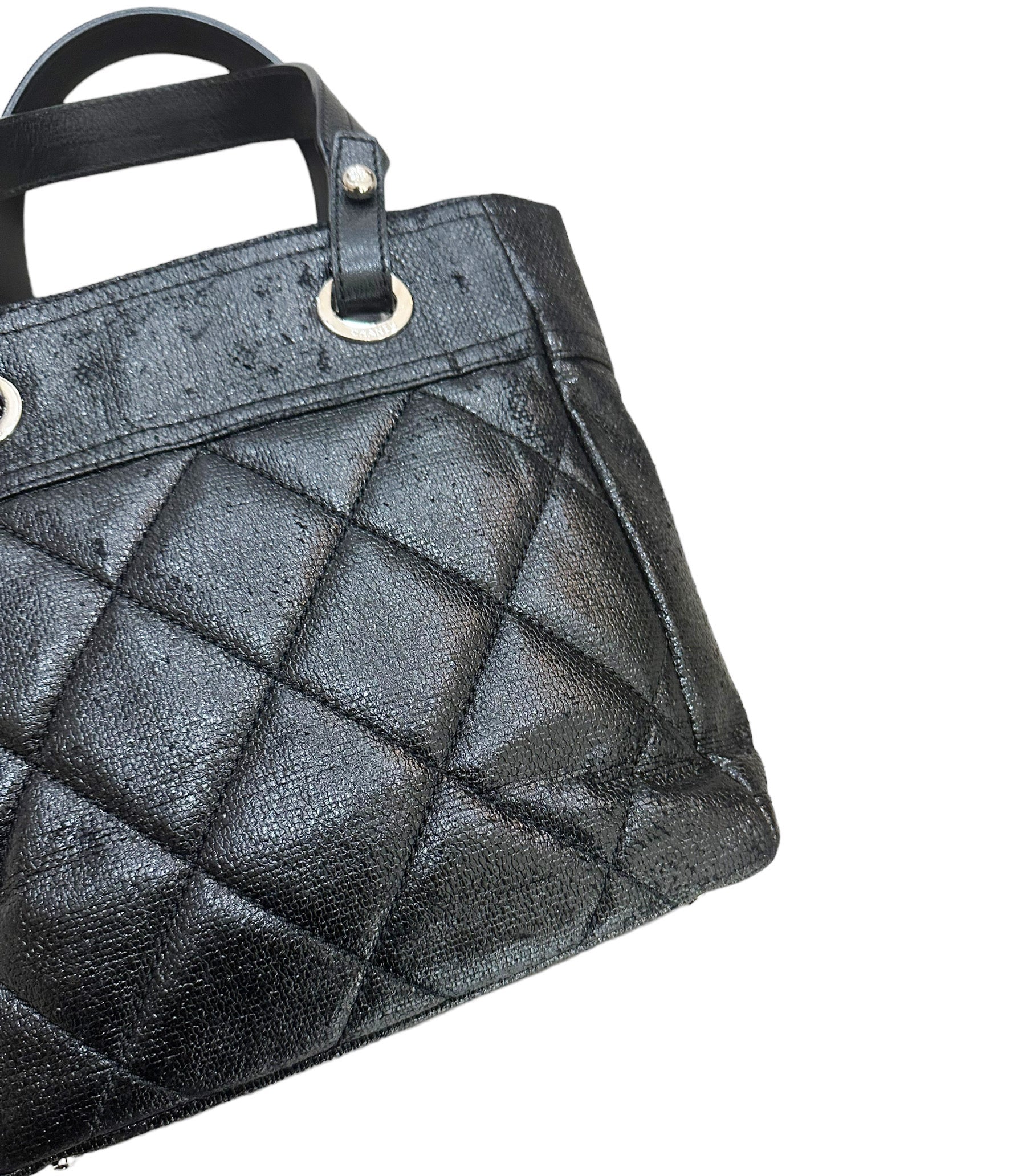 CHANEL Paris Biarritz Tote Black Coated Canvas Leather Small Tote Bag Black