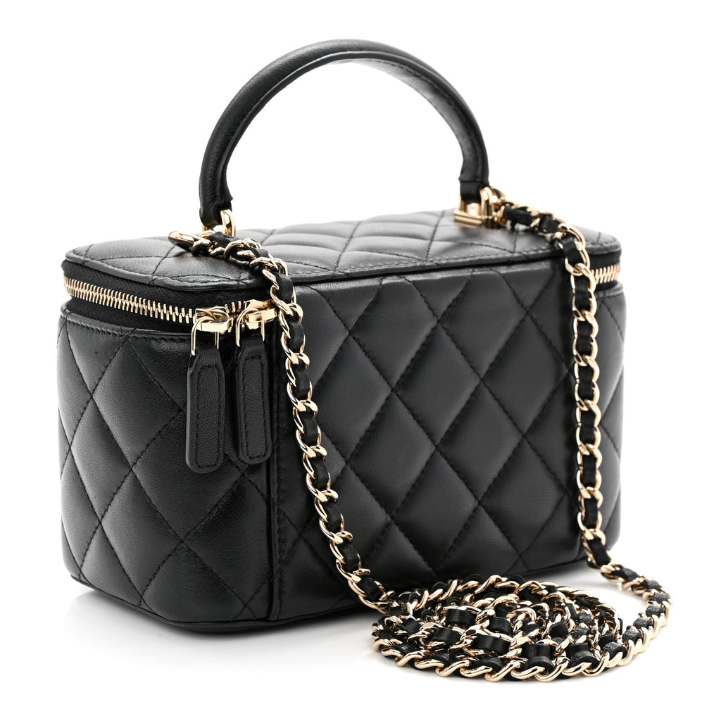 Chanel Lambskin Quilted Small Top Handle Vanity Case With Chain Black