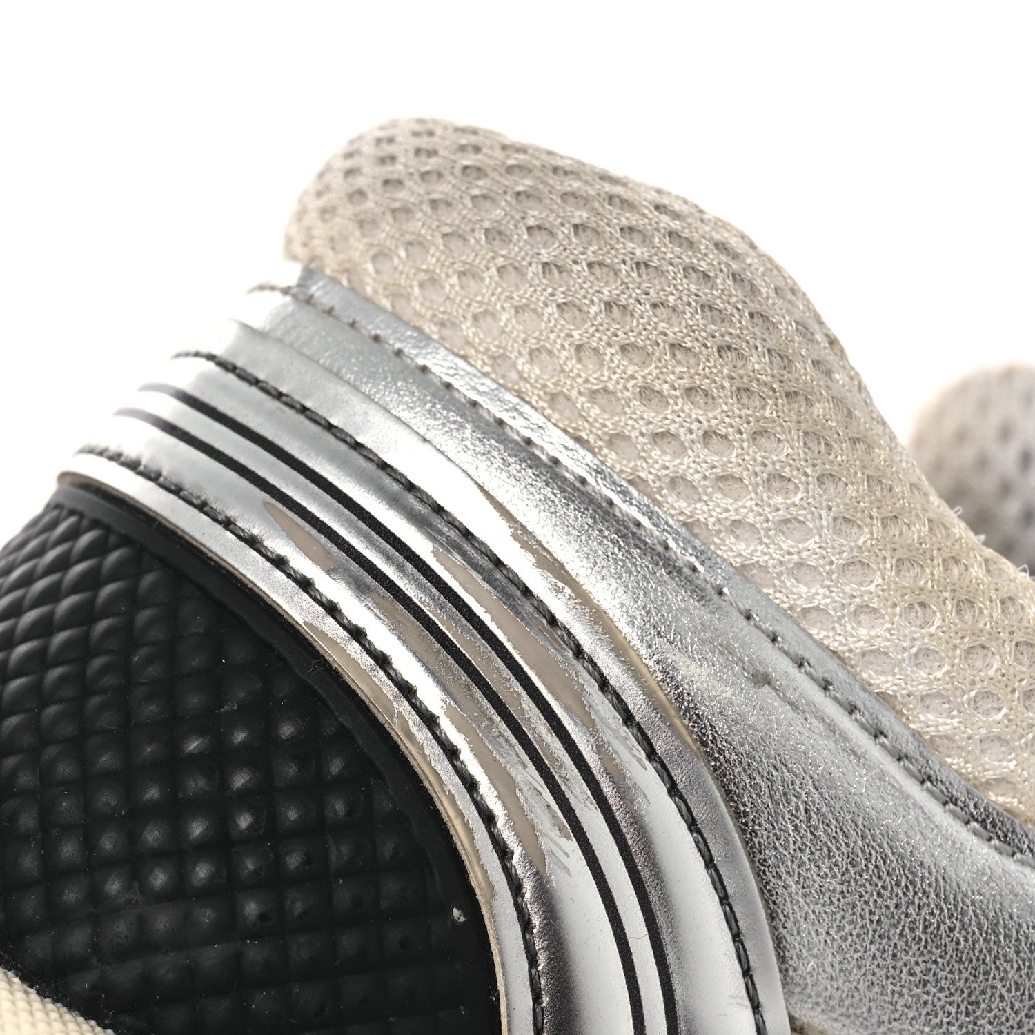 Fabric Laminated Calfskin Stretch CC Womens Sneakers 38.5 White Gold Silver