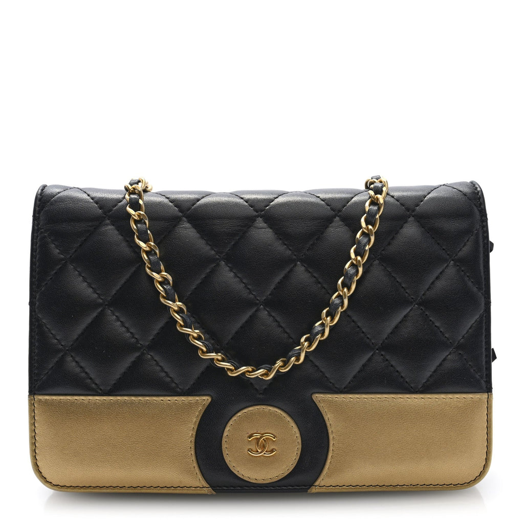 Chanel Lambskin Quilted Wallet On Chain WOC Black Gold