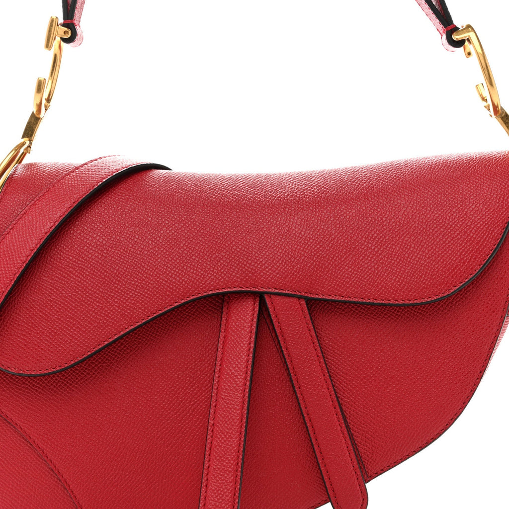 Christian Dior Grained Calfskin Saddle Bag With Strap Cherry Red