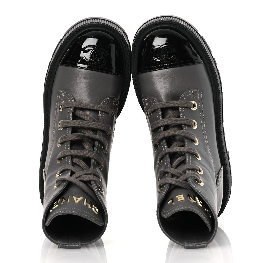 Calfskin Patent Calfskin CC Lace Up Combat Boots 36.5 Gray Black