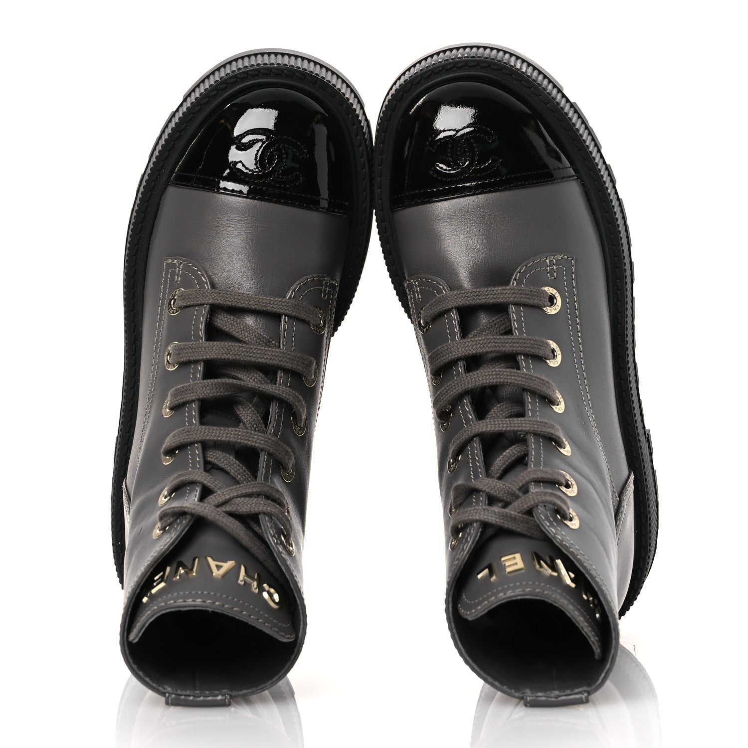 Calfskin Patent Calfskin CC Lace Up Combat Boots 36.5 Gray Black