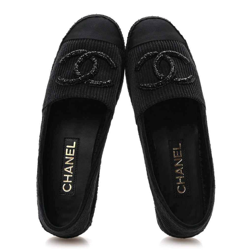 Corduroy Grosgrain Cap Toe CC Espadrille Flats 39 Black