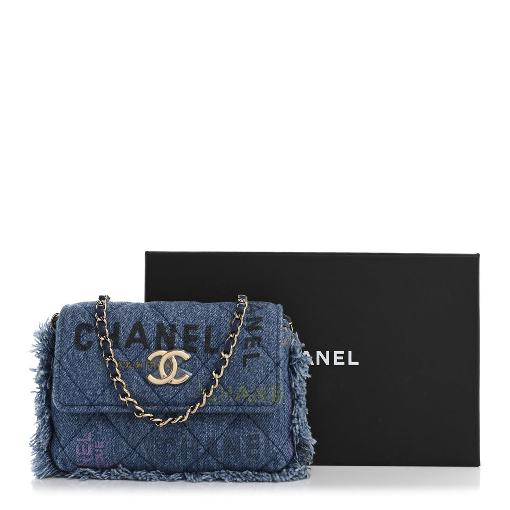 Chanel Denim Quilted Denim Mood Clutch With Chain Blue Multicolor