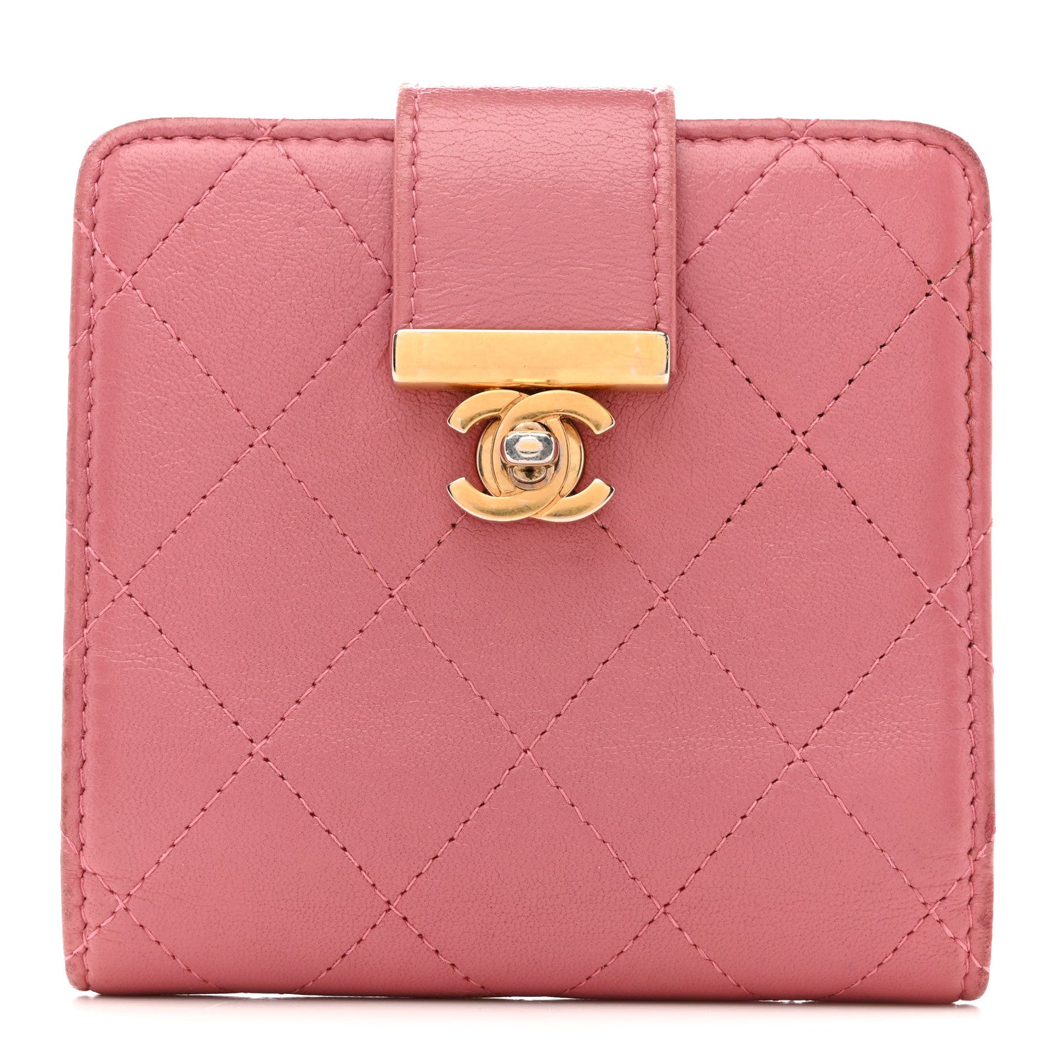 Calfskin Quilted Zip Around Bifold Wallet Pink