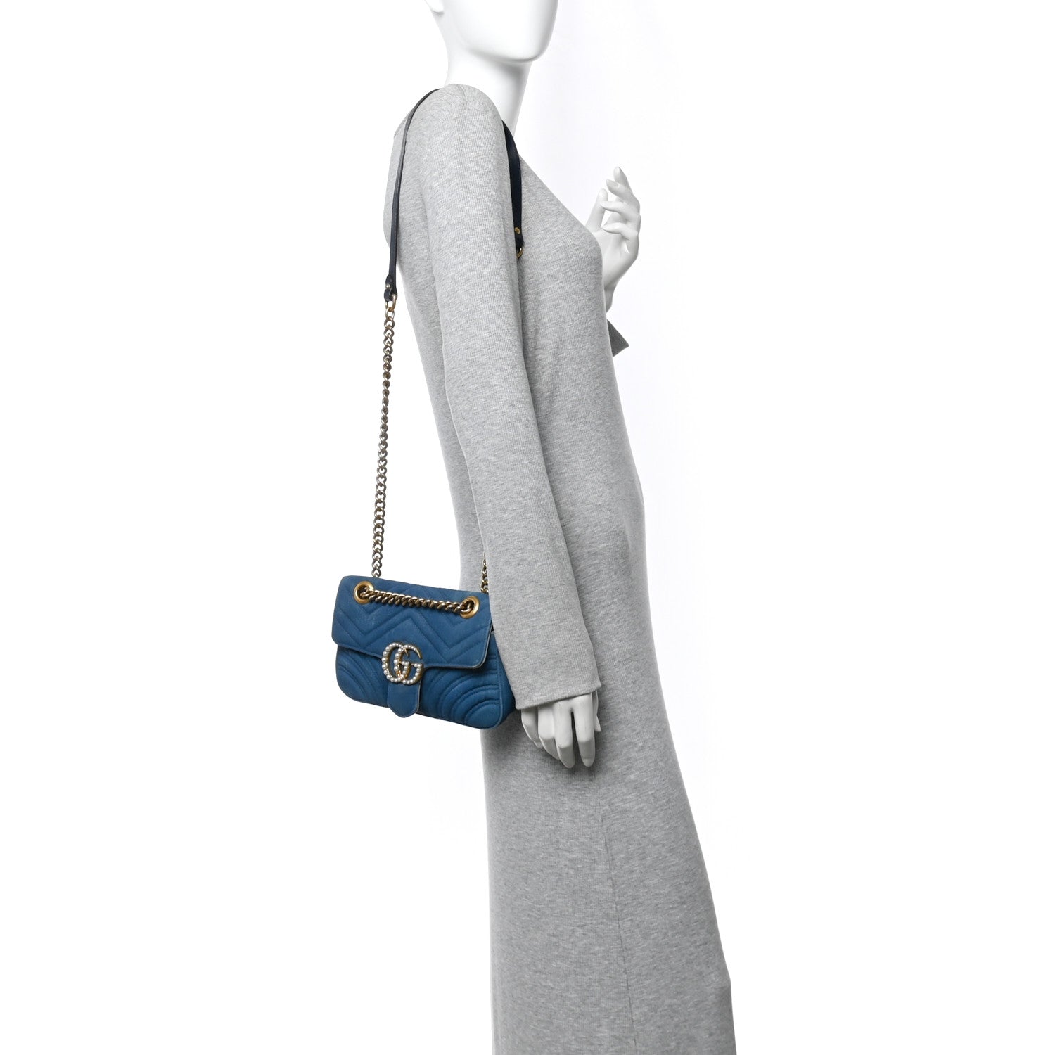 Gucci Denim Matelasse Mini Pearly GG Marmont Shoulder Bag Blue