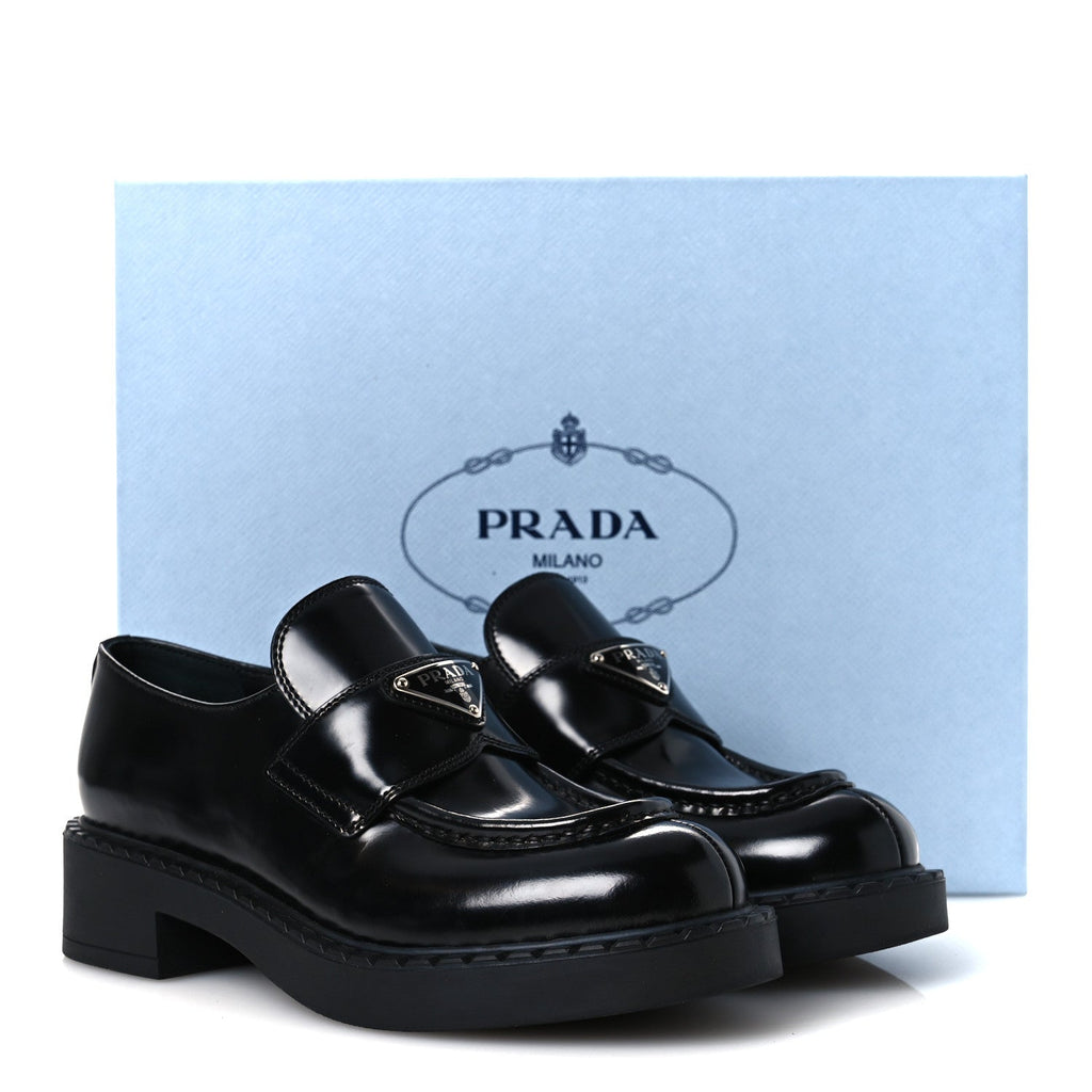Prada Spazzolato Metal Triangle Logo 50mm Loafers 36 Black