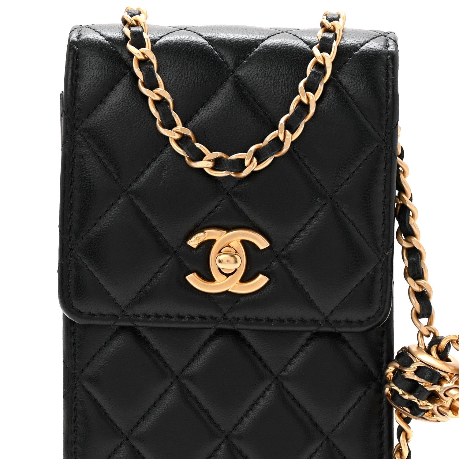 Lambskin Quilted Pearl Crush Phone Holder With Chain Black