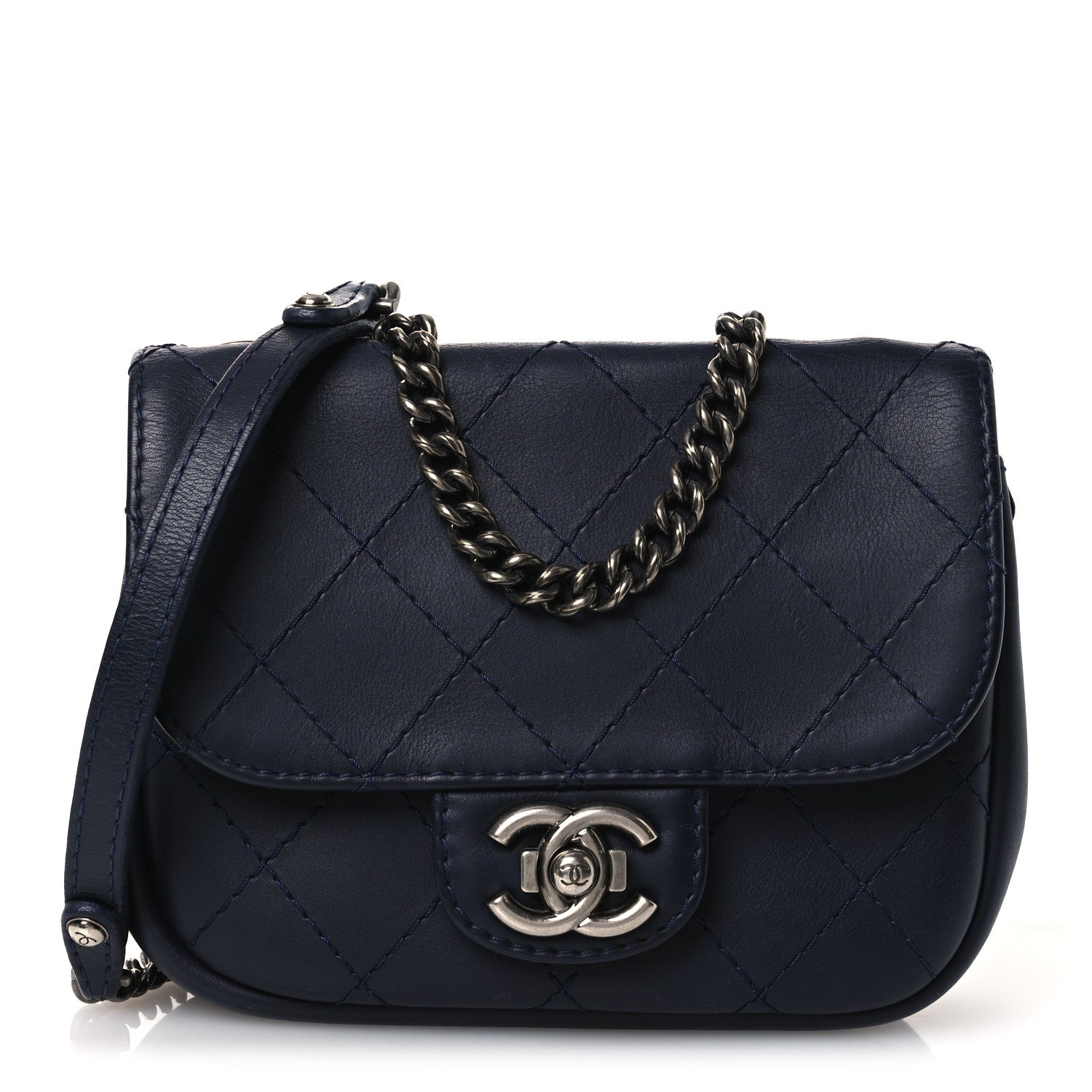 Chanel Calfskin Stitch CC Small Flap Navy Blue