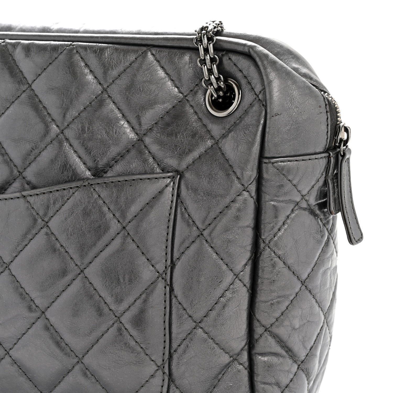 Chanel Metallic Aged Calfskin Quilted Large Reissue Camera Case Silver
