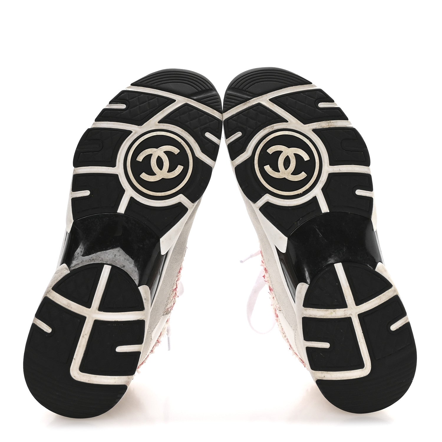 Chanel Tweed Suede Calfskin Womens CC Sneakers 39.5 Ecru Pink Red White