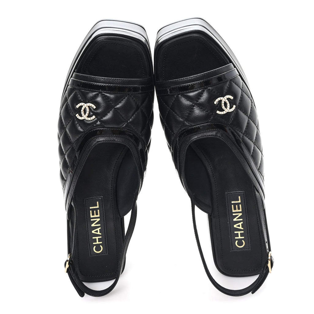 Lambskin Patent Quilted CC Platform Sandals 39.5 Black