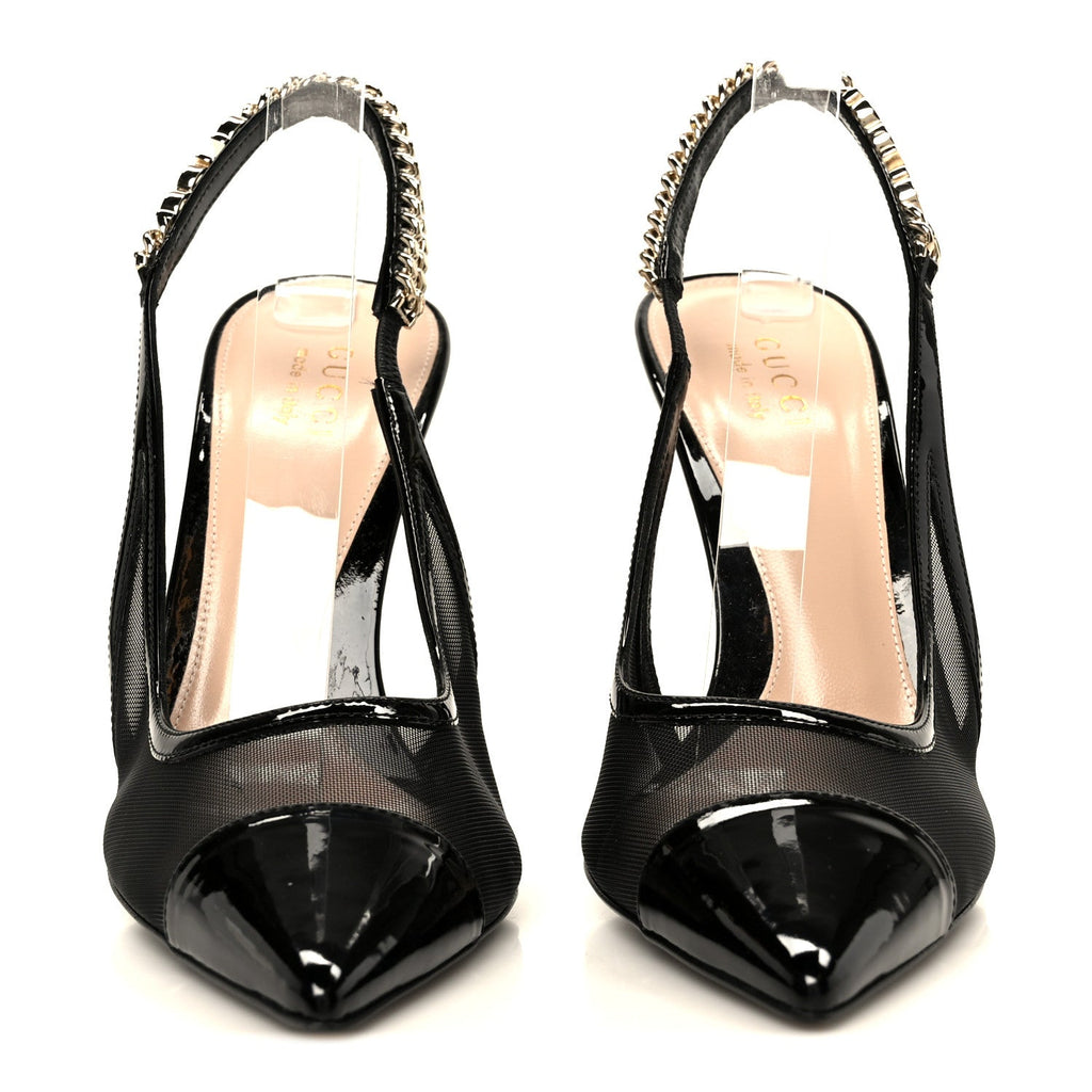 Gucci Tela Retino Patent Signoria 105mm Slingback Pumps 40 Black