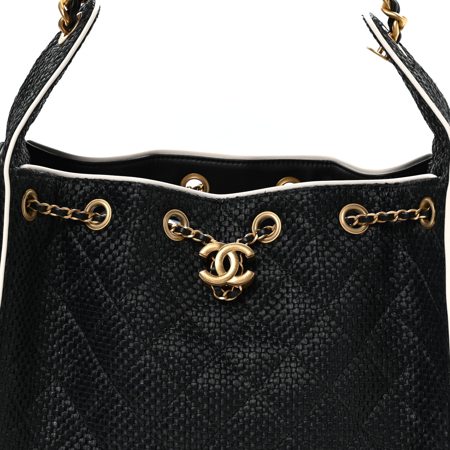 Chanel Braided Raffia Calfskin Small Chanel 25 Handbag Black White
