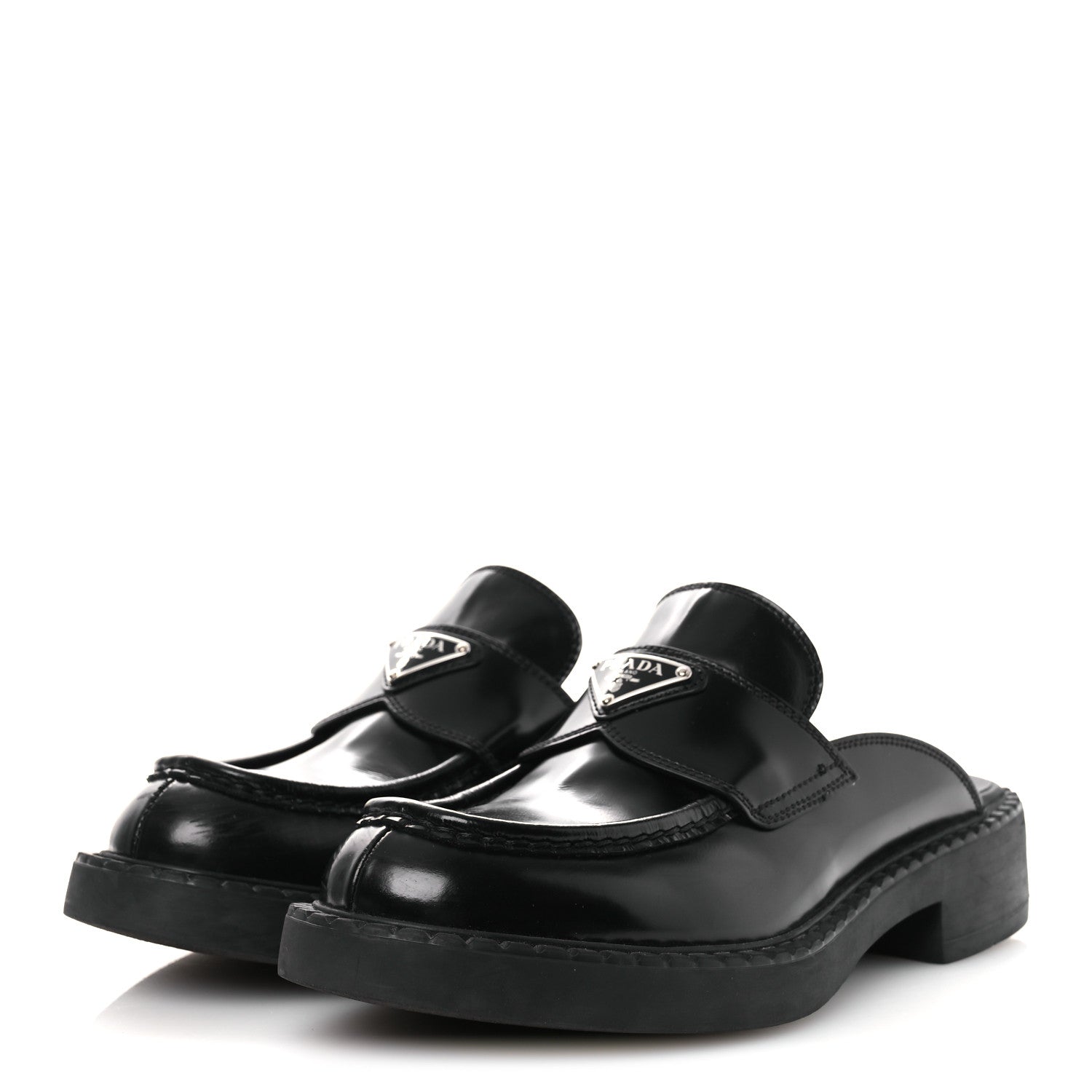 Prada Spazzolato Triangle 40mm Loafer Mules 37 Black