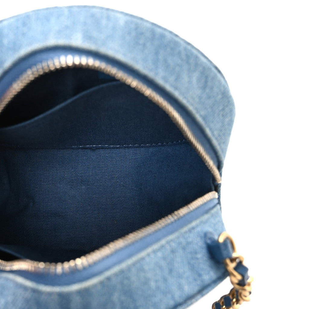 Chanel Denim Quilted Round Pearl Crush Clutch With Chain Blue
