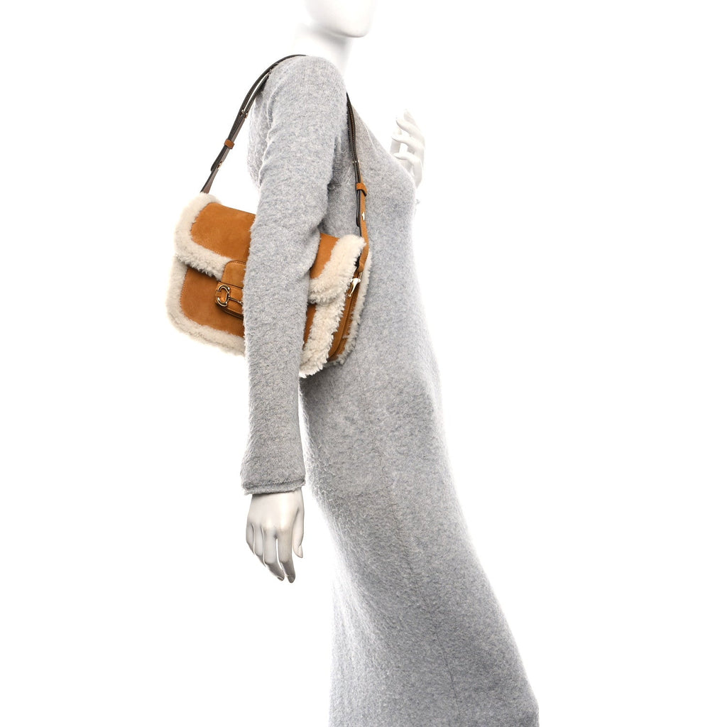 Gucci Suede Shearling Horsebit 1955 Shoulder Bag Brown