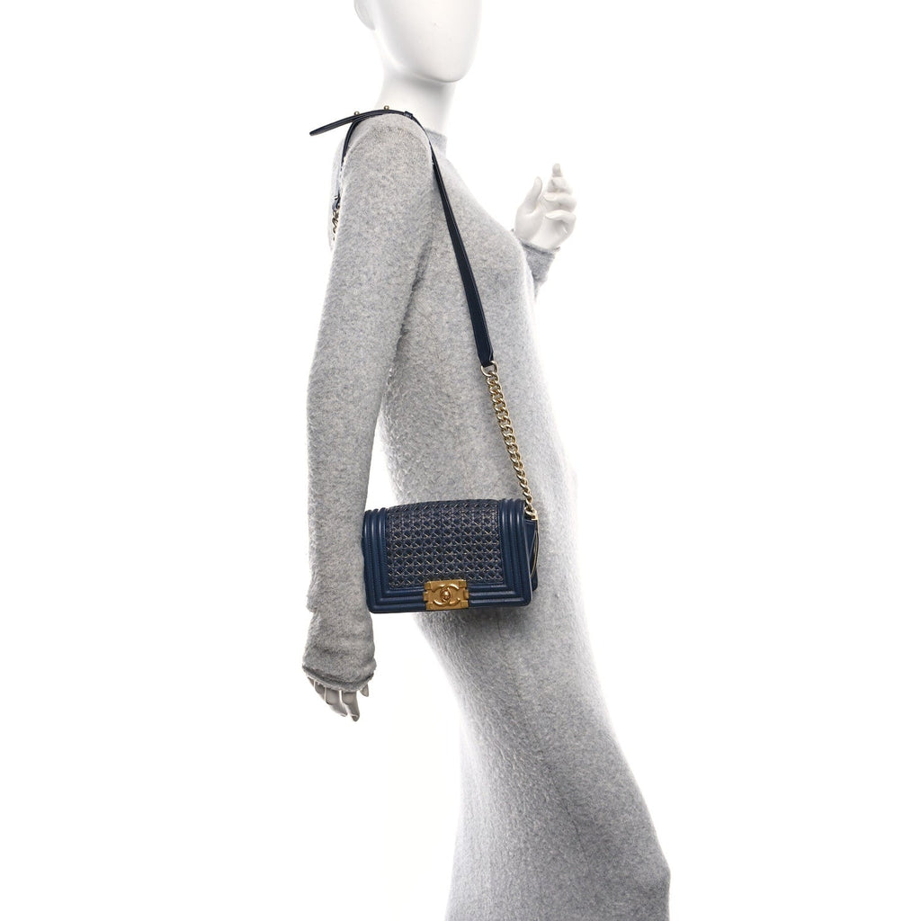 Chanel Sheepskin Braided Small Boy Reverso Flap Navy