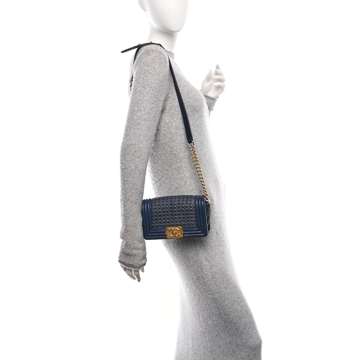 Chanel Sheepskin Braided Small Boy Reverso Flap Navy
