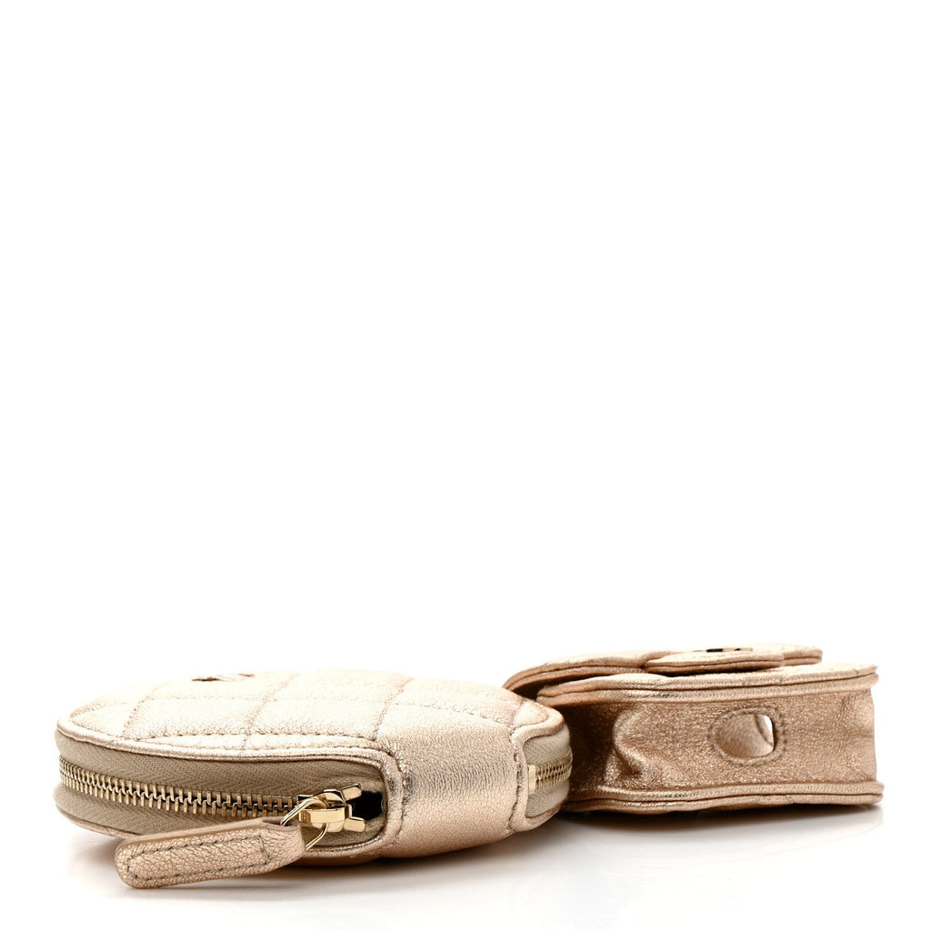 Metallic Lambskin Quilted Round Clip On Coin Purse Airpods Case Gold