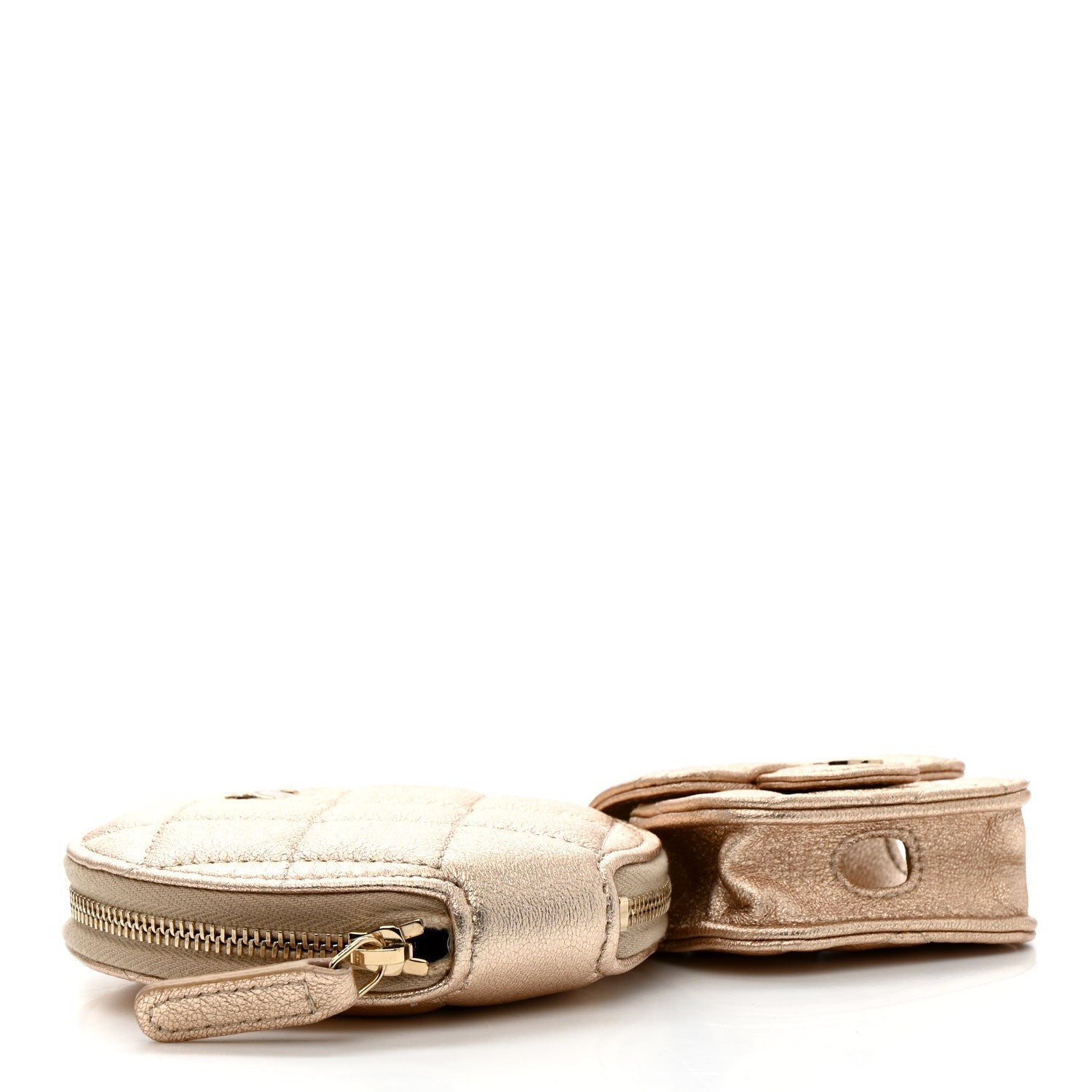 Metallic Lambskin Quilted Round Clip On Coin Purse Airpods Case Gold