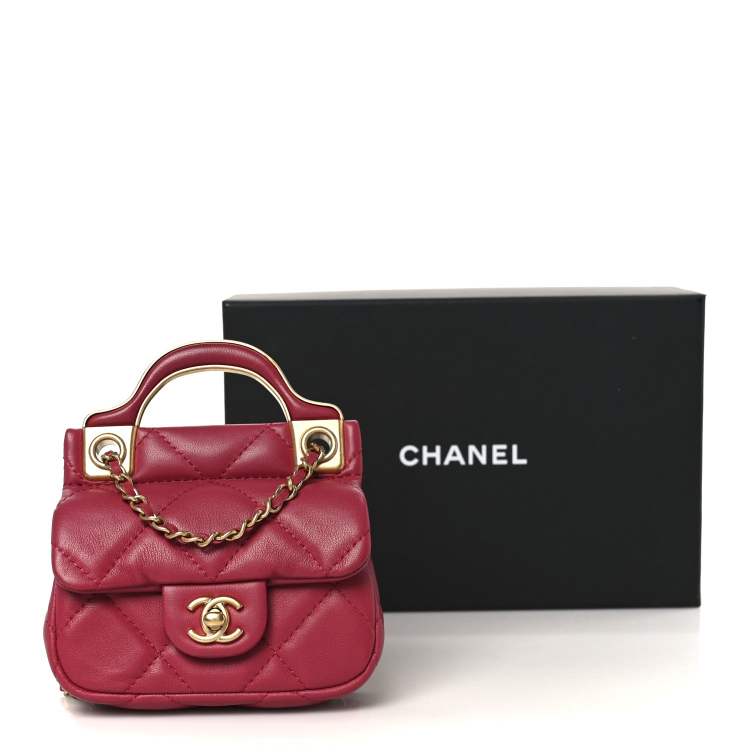 Chanel Calfskin Quilted Lady Handle Flap Card Holder With Chain Dark Pink