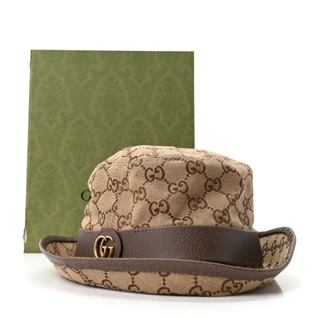 Gucci Monogram Textured Dollar Calfskin GG Jago Bucket Hat M Cacao Beige