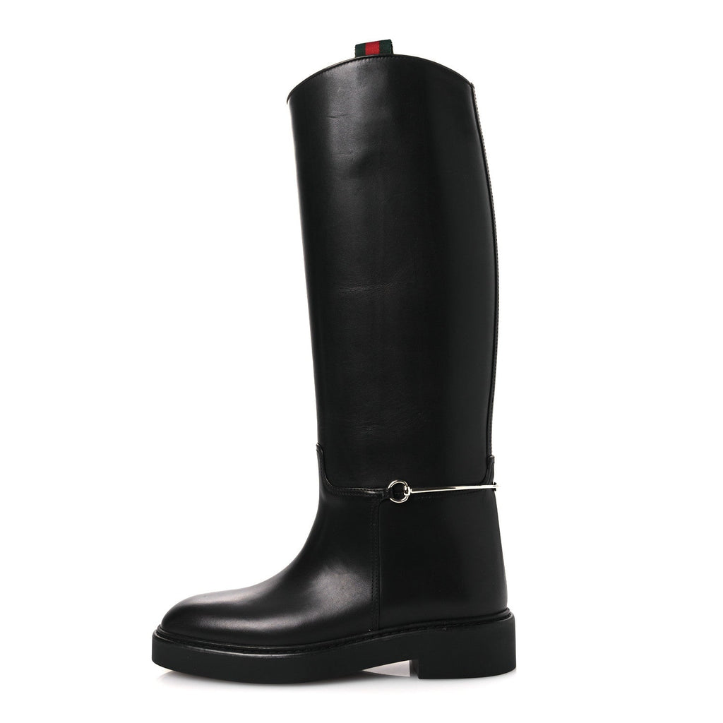 Gucci Shiny Calfskin Michelangelo Slim Horsebit Riding Boots 36 Black