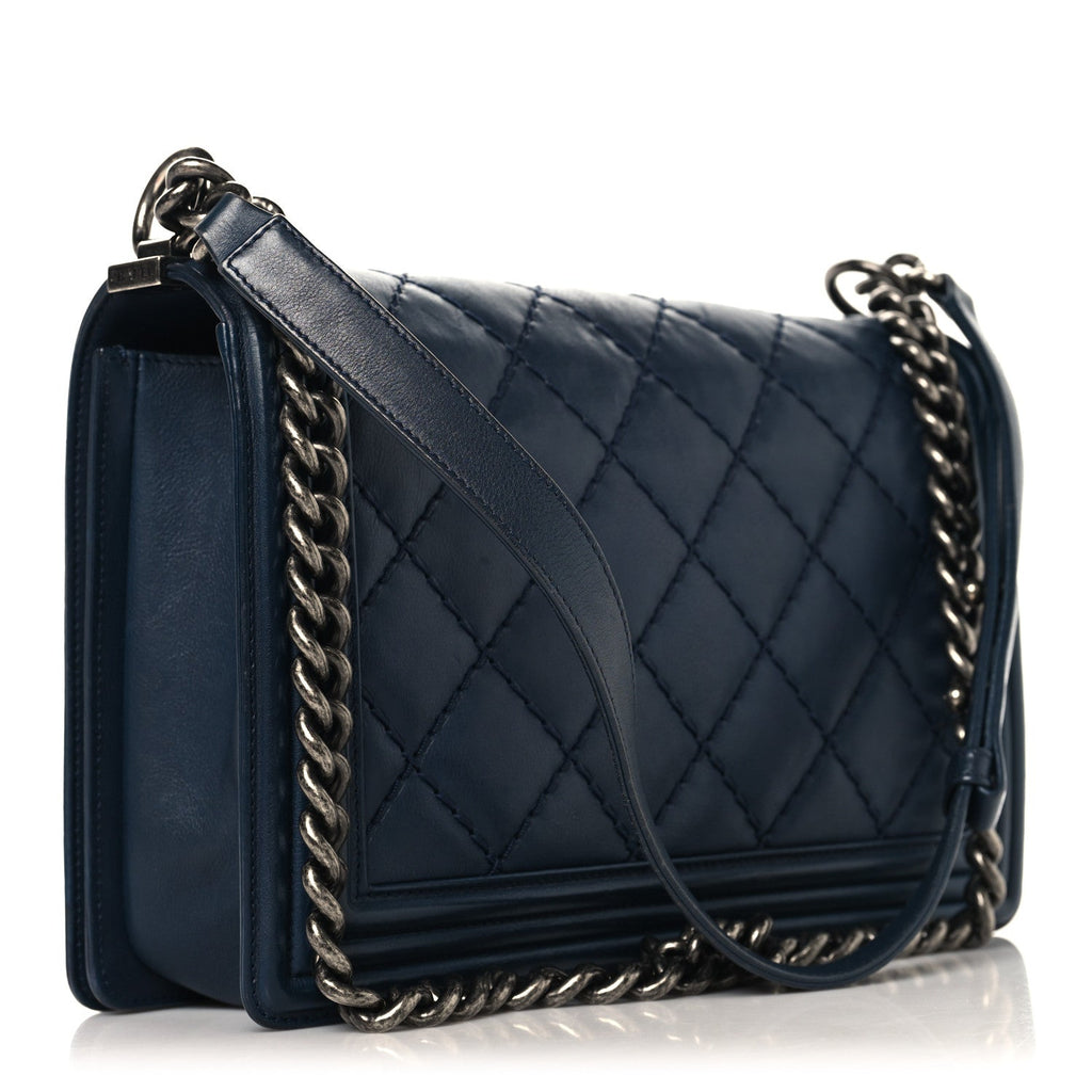 Chanel Calfskin Quilted Double Stitch New Medium Boy Flap Navy Blue
