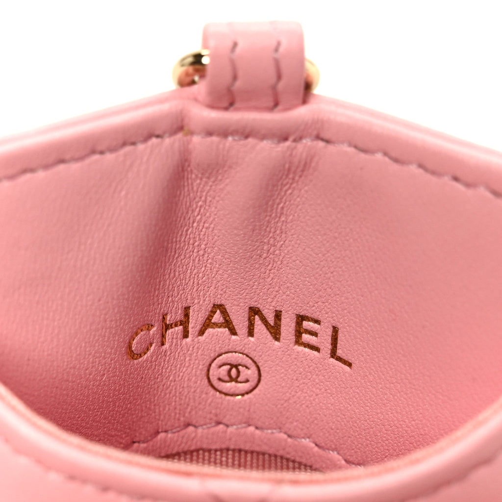 Lambskin Quilted Enamel Chanel Card Holder On Chain Light Pink