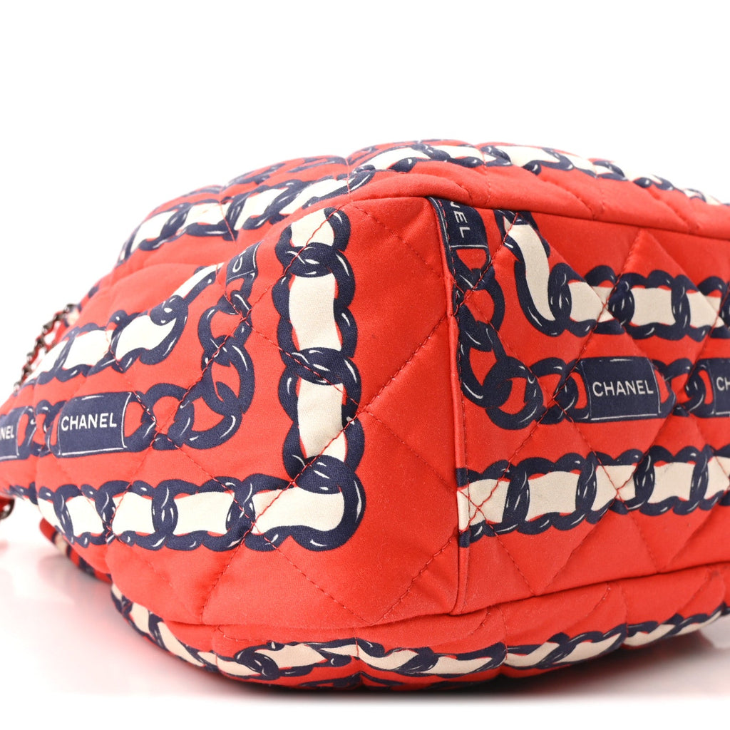 Chanel Silk Quilted Chain Printed Bucket Bag Red
