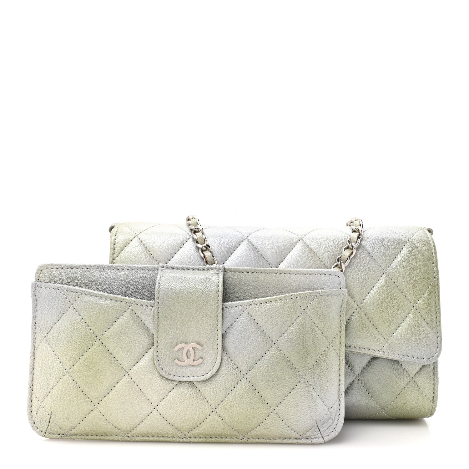 Chanel Metallic Goatskin Quilted Ombre Phone Holder Wallet on Removable Chain Grey Green