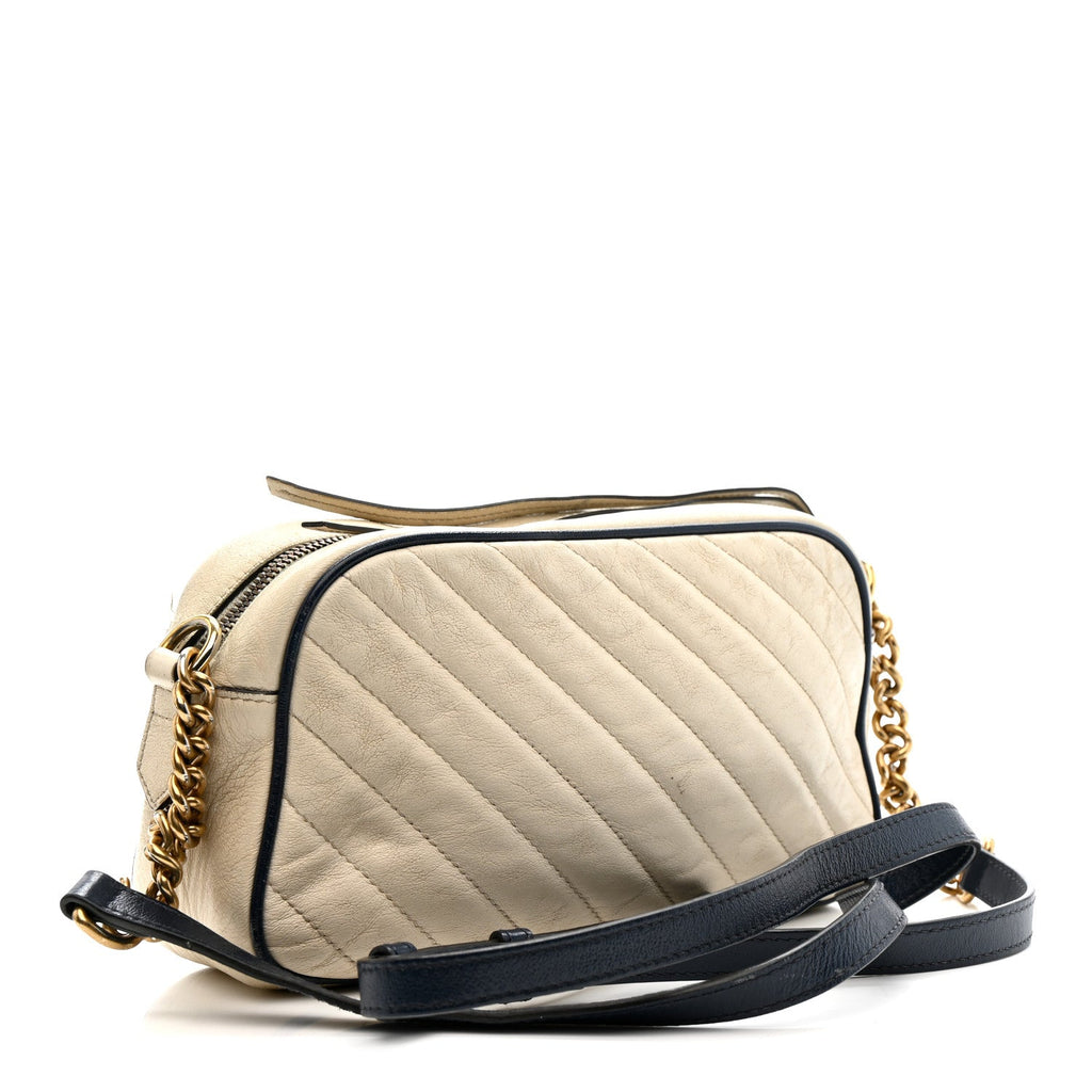 Gucci Vintage Effect Calfskin Matelasse Diagonal Small Torchon GG Marmont Chain Shoulder Bag Mystic White Blue Agata