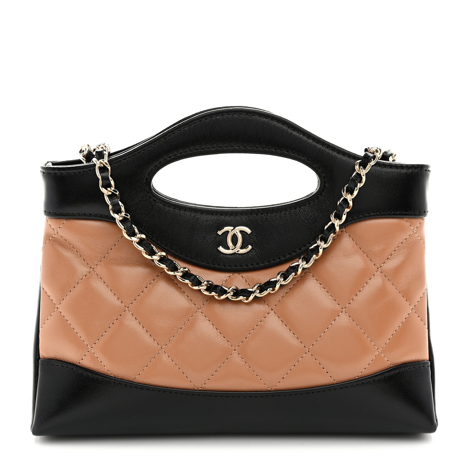 Chanel Shiny Crumpled Calfskin Quilted Nano 31 Shopping Bag Dark Beige Black