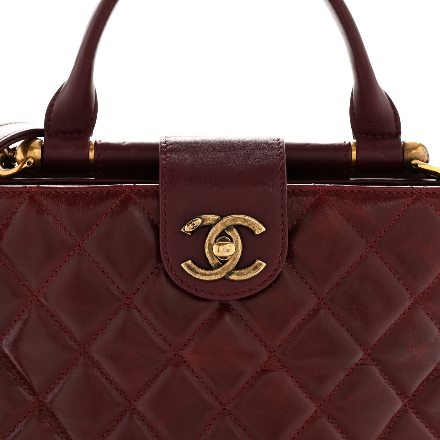 Chanel Glazed Calfskin Quilted Small Gold Bar Tote Red