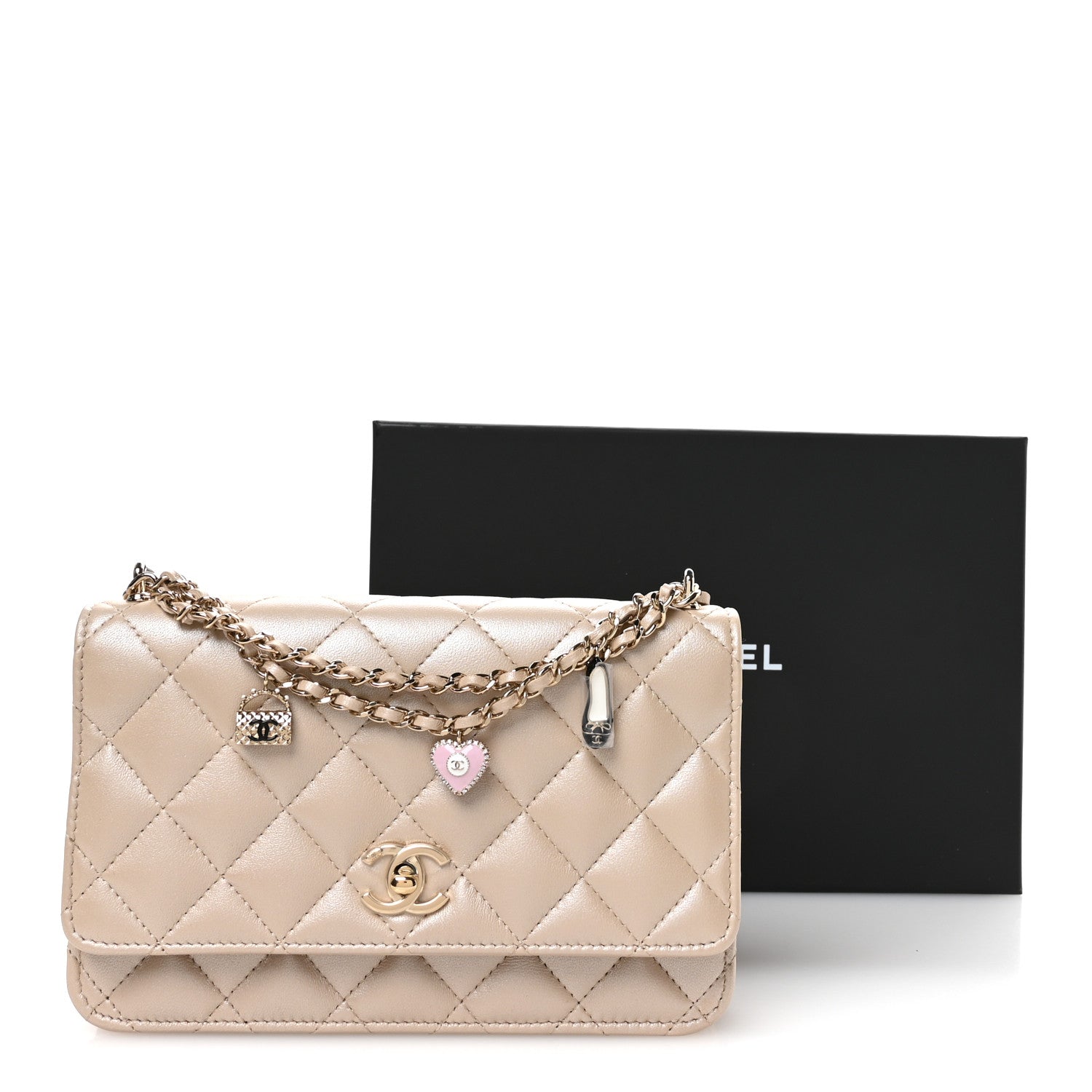 Chanel Pearly Lambskin Quilted Charms Wallet On Chain WOC Beige