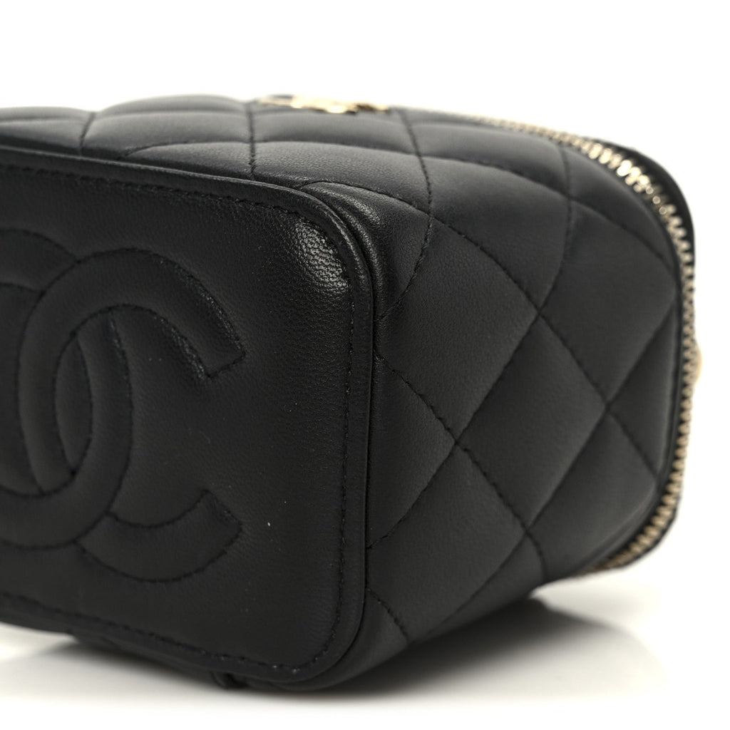 Chanel Lambskin Quilted Top Handle Mini Vanity Case With Chain Black