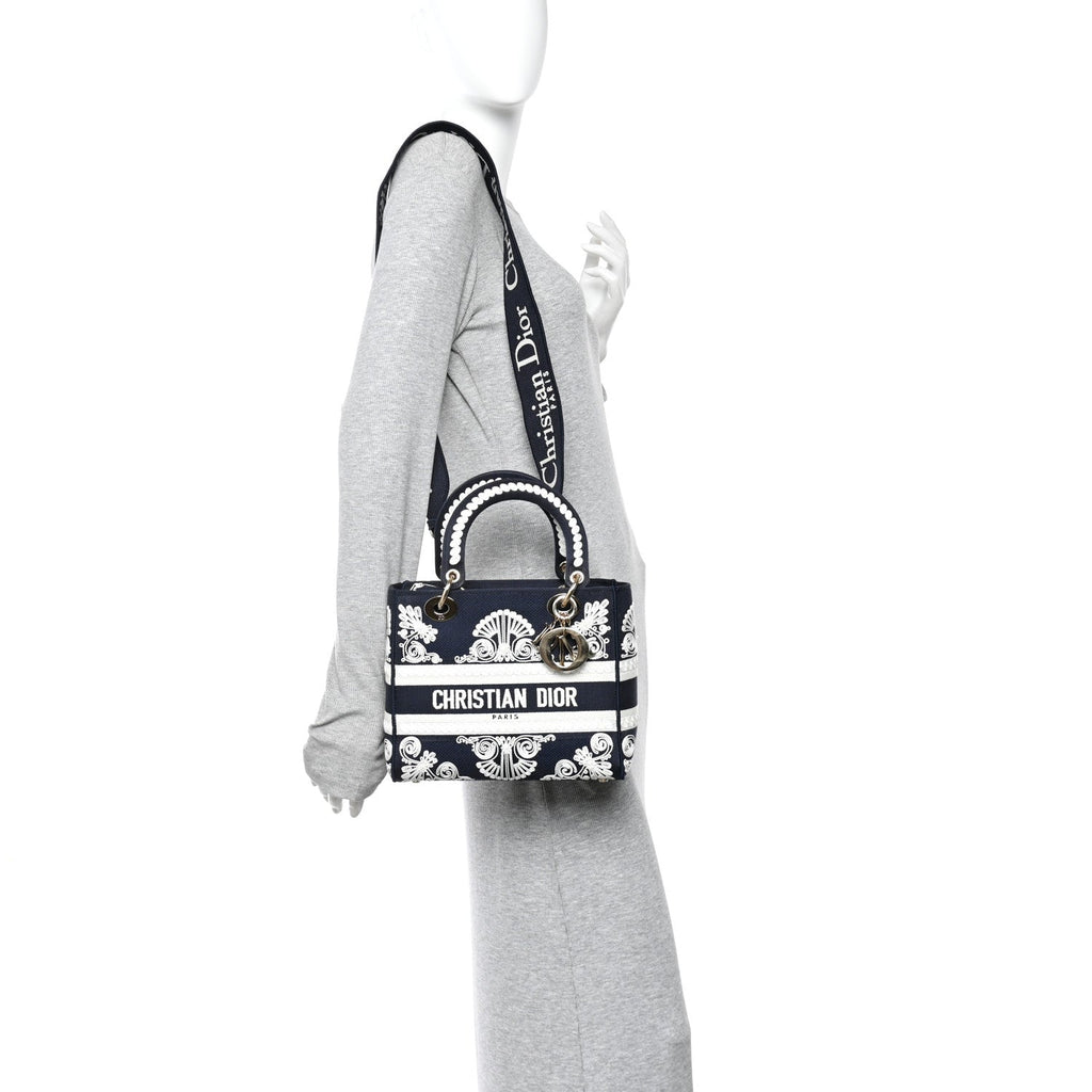 Christian Dior Embroidered Cornely Medium Lady D-Lite Blue White