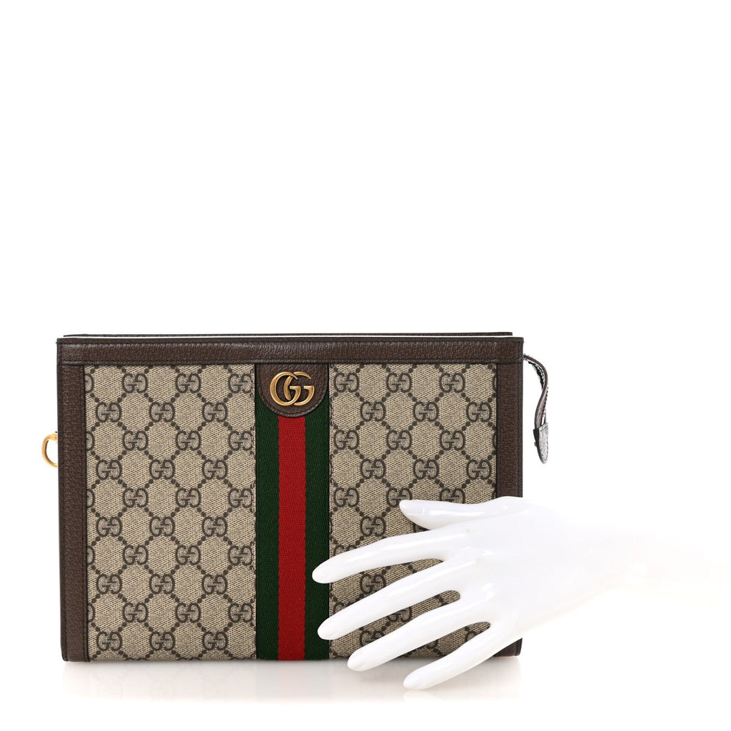 Gucci GG Supreme Monogram Textured Dollar Calfskin Web Small Ophidia Wristlet Pouch Beige Ebony New Acero