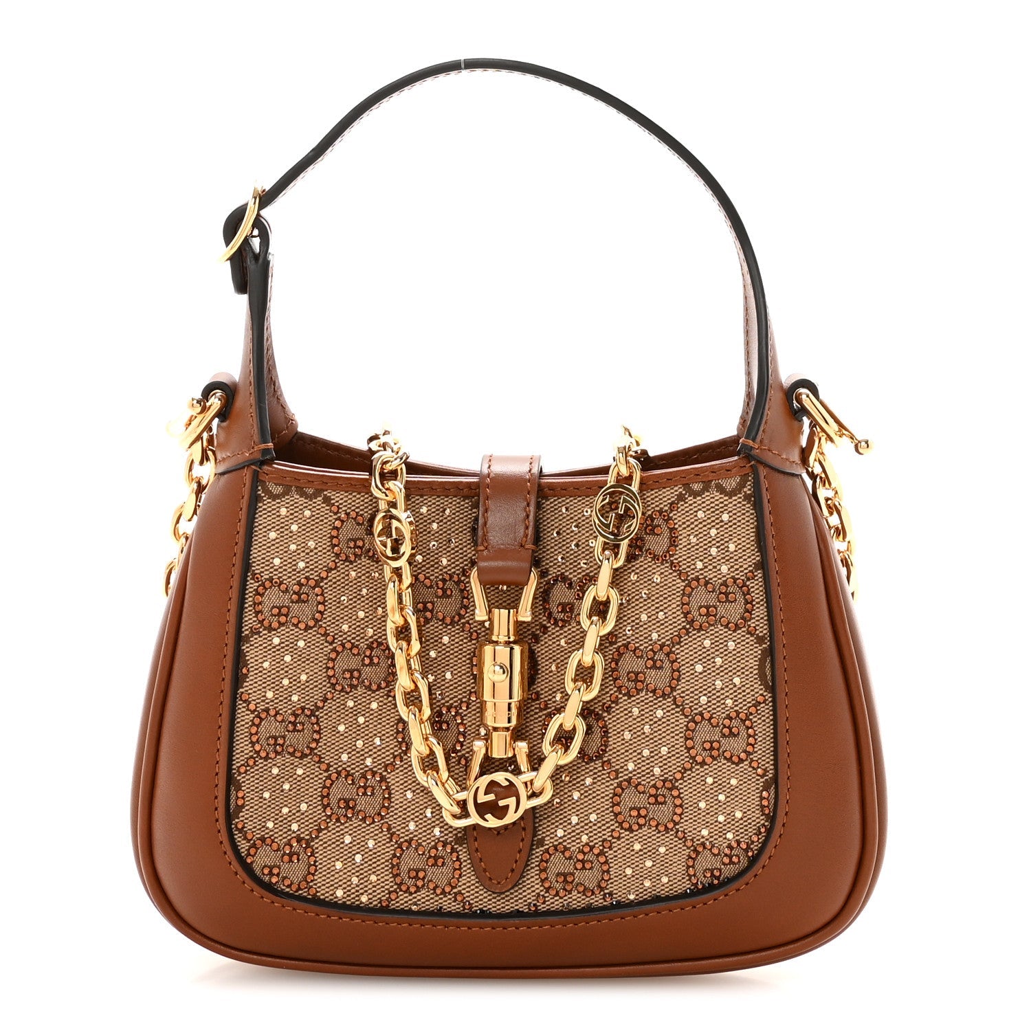 Gucci New Canvas Charisma Calfskin Crystal GG Monogram Mini Jackie 1961 Hobo Camel Ebony