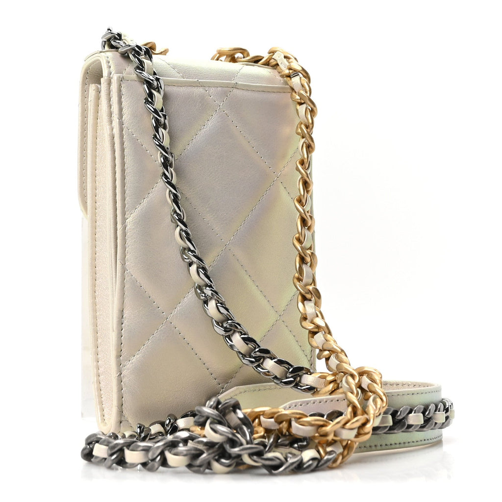 Iridescent Calfskin Quilted Chanel 19 Phone Holder With Chain White