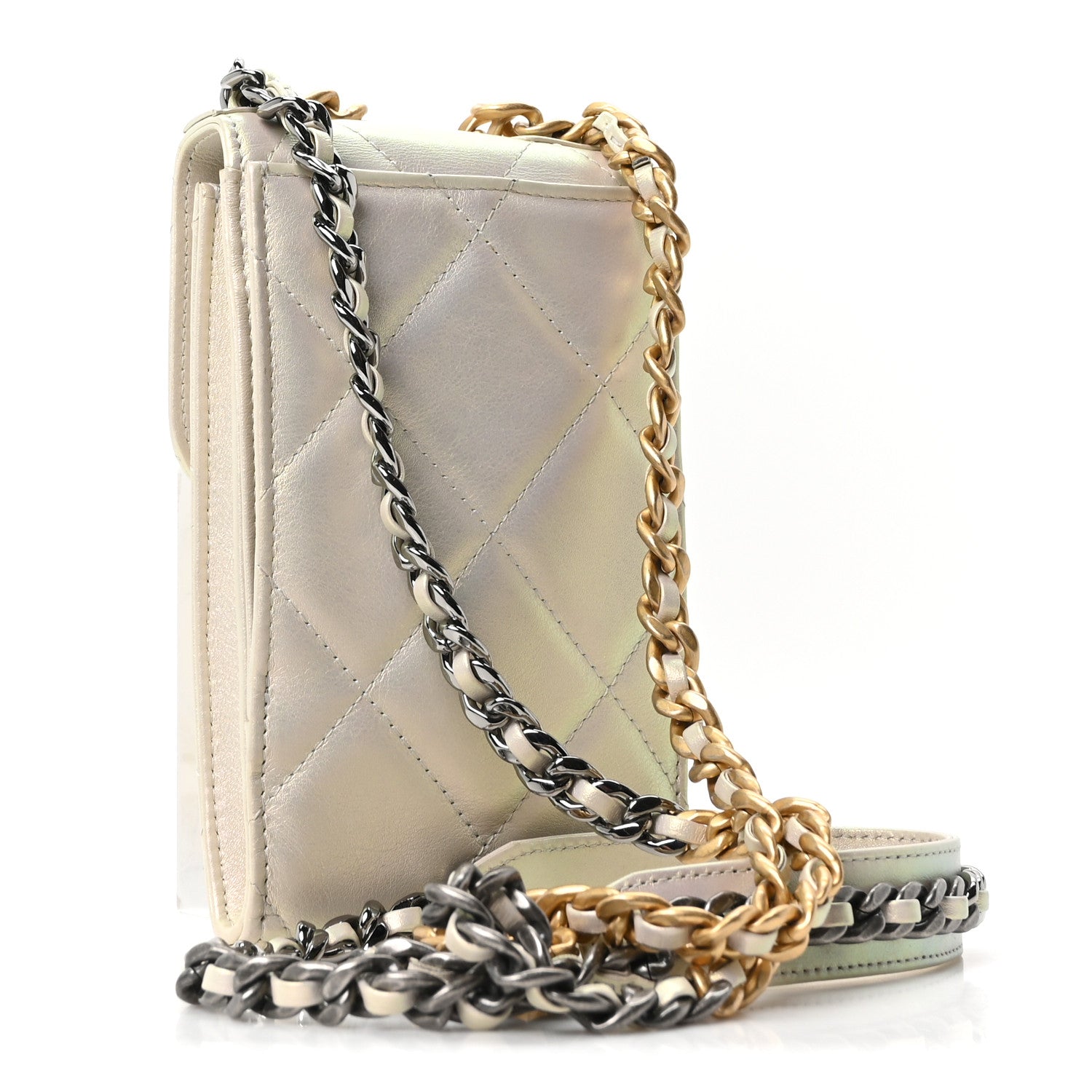 Iridescent Calfskin Quilted Chanel 19 Phone Holder With Chain White