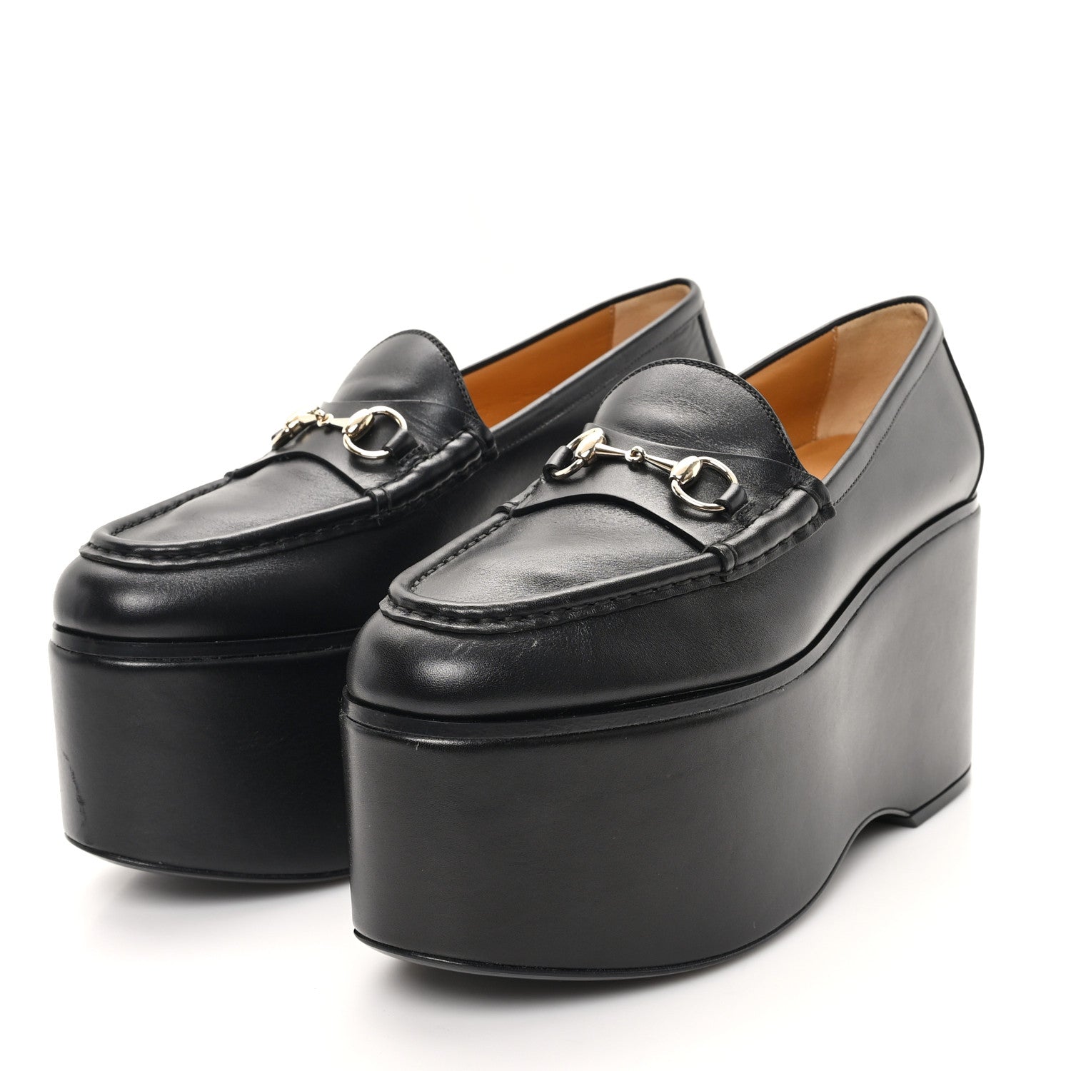 Gucci Ancora Calfskin Womens Horsebit Platform Loafers 39 Black