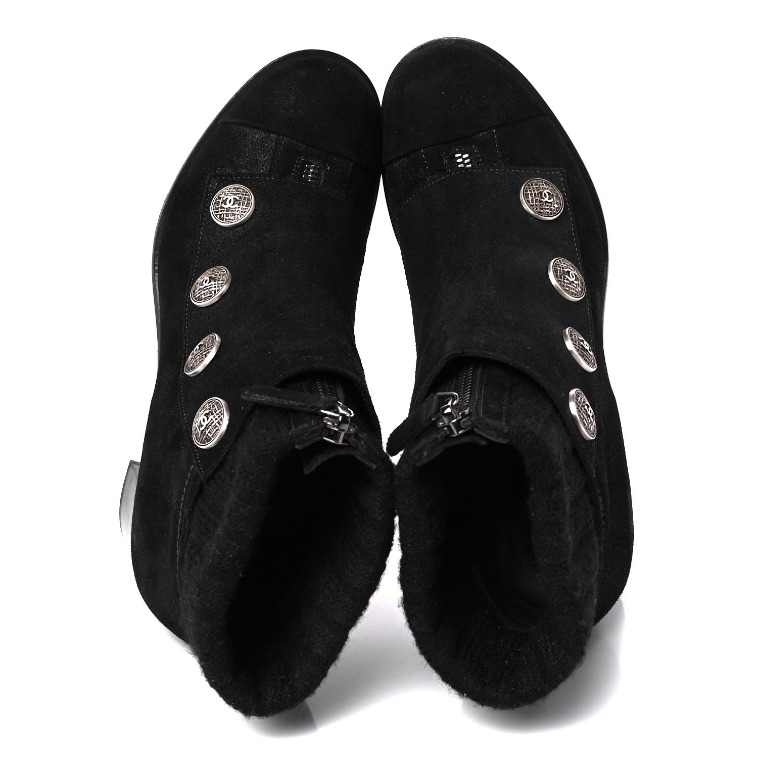 Chanel Suede Calfskin Knit Button Ankle Boots 36.5 Black