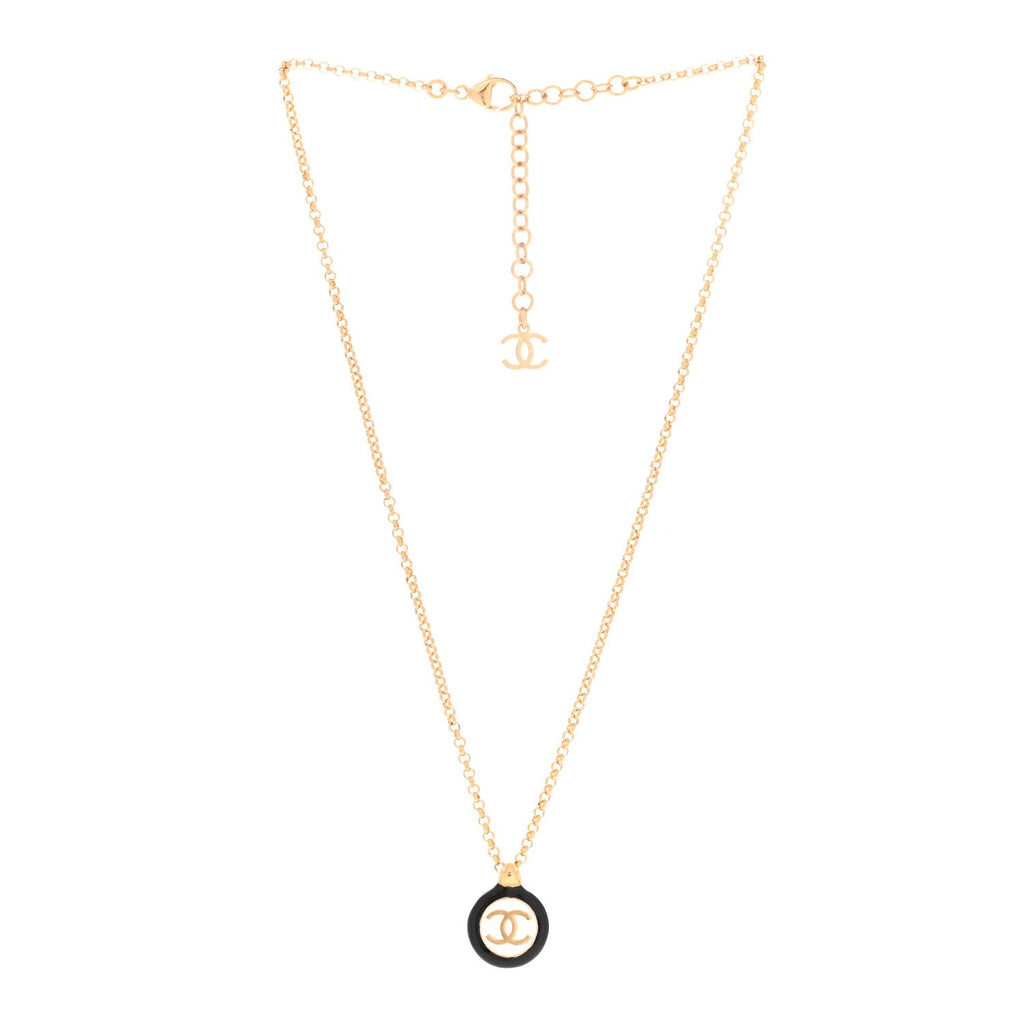 Enamel CC Medallion Chain Necklace Gold Black White