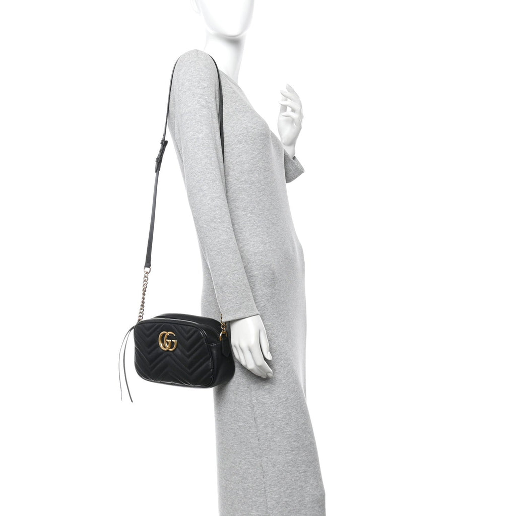 Gucci Calfskin Matelasse Small GG Marmont Chain Shoulder Bag Black