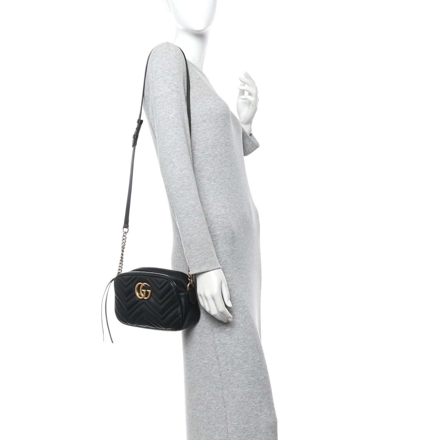 Gucci Calfskin Matelasse Small GG Marmont Chain Shoulder Bag Black
