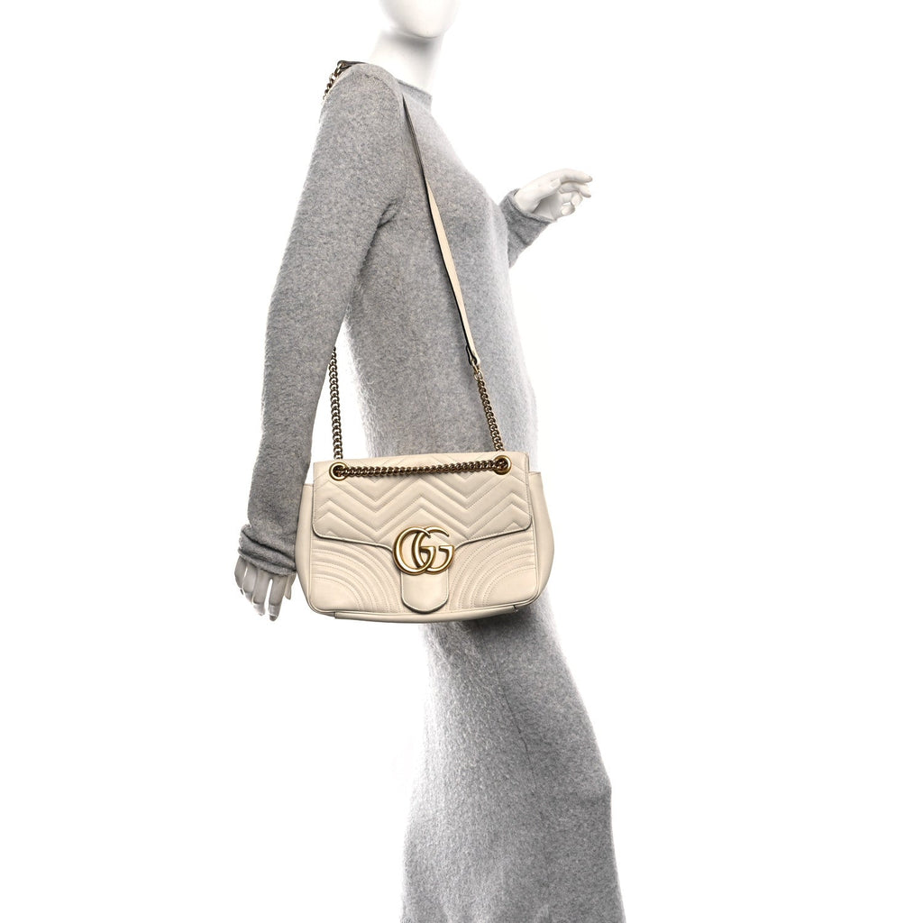 Gucci Calfskin Matelasse Medium GG Marmont Shoulder Bag White