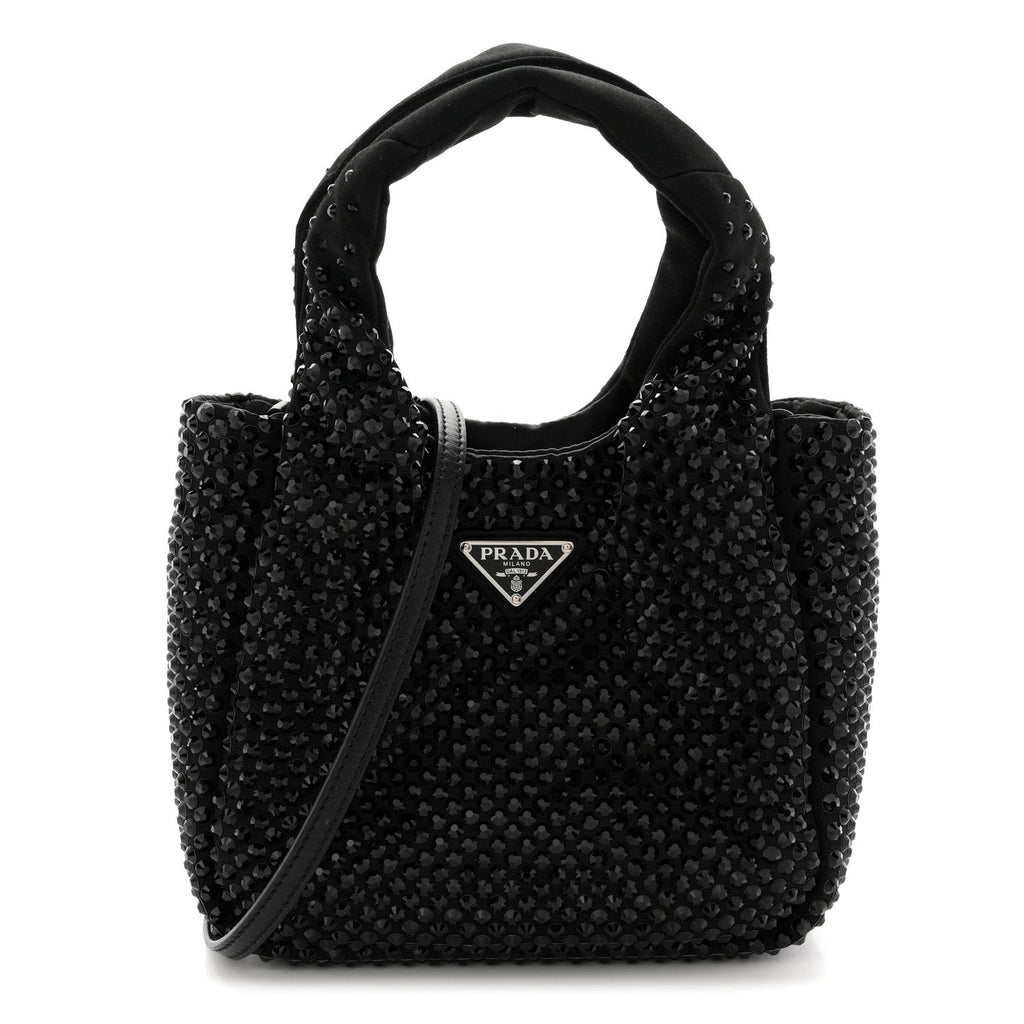Prada Satin Crystal Soft Padded Small Double Handled Shoulder Bag Black